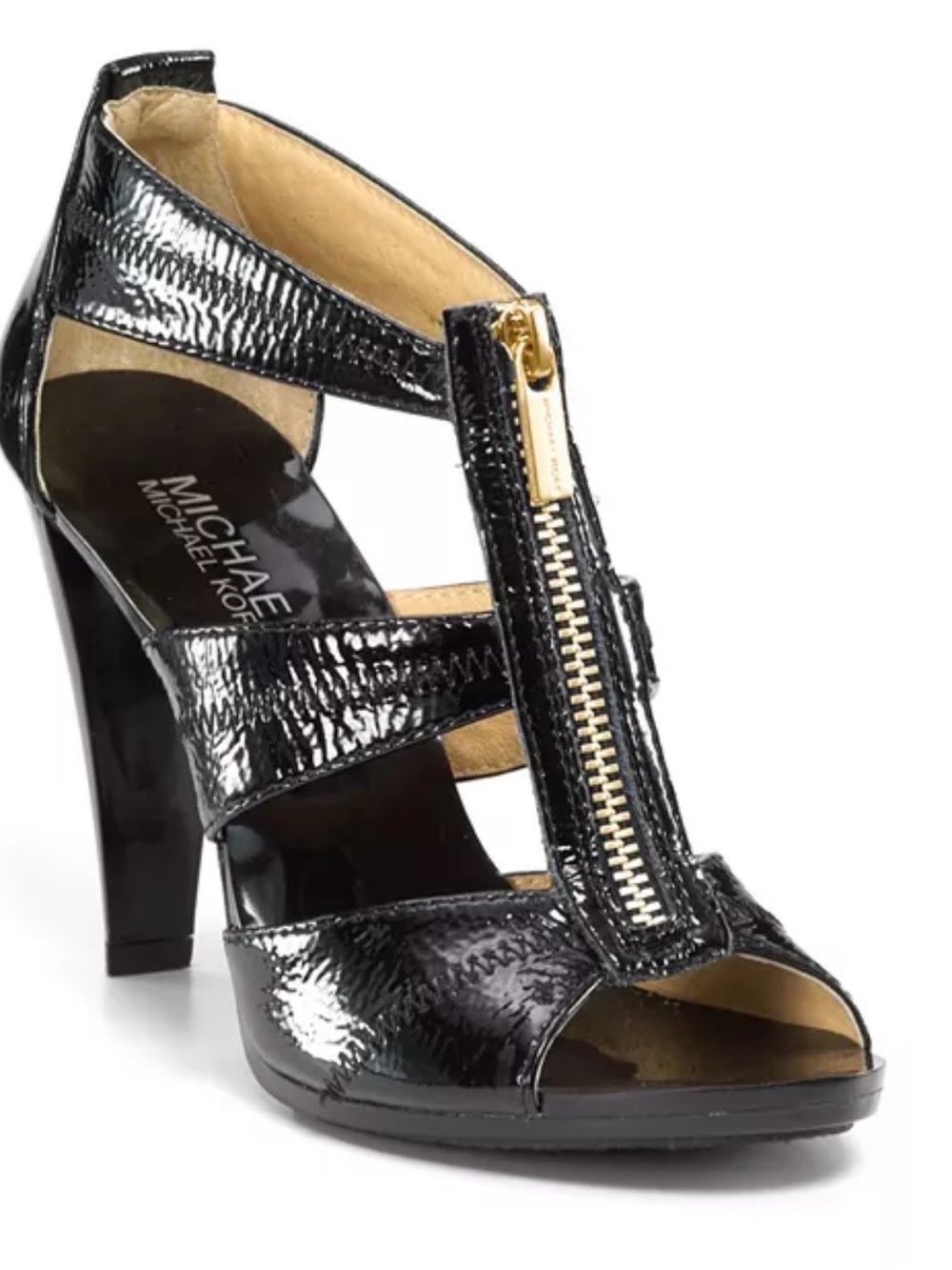 MICHAEL Kors Berkley T-Strap black patent leather heel with gold zip.